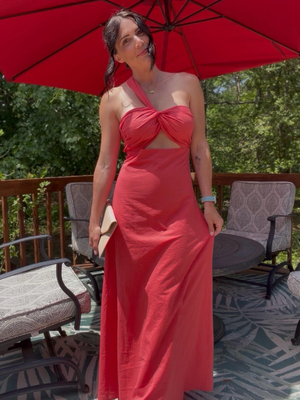 Petal & Pup Coral One-Shoulder Cutout Maxi Dress